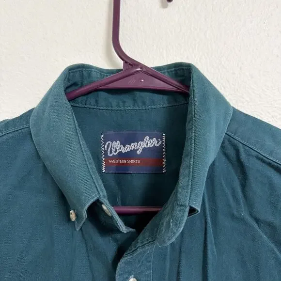 VTG Wrangler Western Shirt Green Button Down Long Sleeve Size Large - Picture 2 of 5